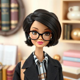 A Barbie doll named Ella, featuring short dark brown hair styled elegantly, wearing reading glasses perched on her nose