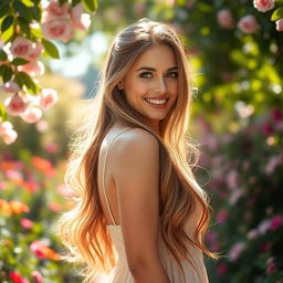 A stunningly beautiful woman with long, flowing hair, captivating eyes, and a radiant smile