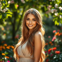 A stunningly beautiful woman with long, flowing hair, captivating eyes, and a radiant smile