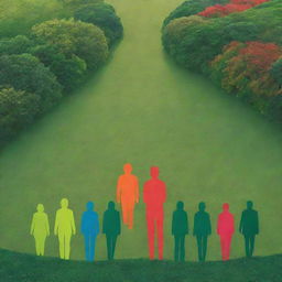 A high-definition, modern image highlighting unity in diversity. Abstract human figures, backs turned to the viewer, united in environmental efforts. The vibrant, lush green landscape takes center stage, underlining the collective responsibility towards nature and the significant impact of joint efforts for a sustainable future.