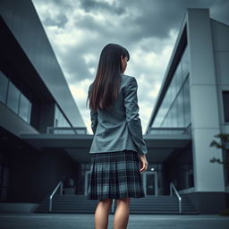 An Asian schoolgirl standing with her back towards the viewer in front of a sleek, modern school building characterized by its sharp angles and reflective glass surfaces, creating a dark and mysterious ambiance