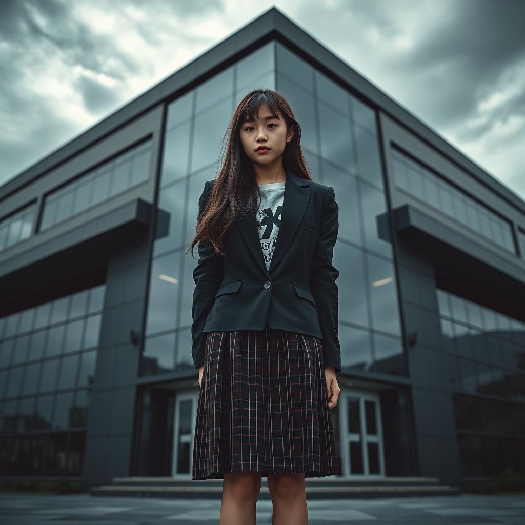 An Asian schoolgirl standing with her back towards the viewer in front of a sleek, modern school building characterized by its sharp angles and reflective glass surfaces, creating a dark and mysterious ambiance