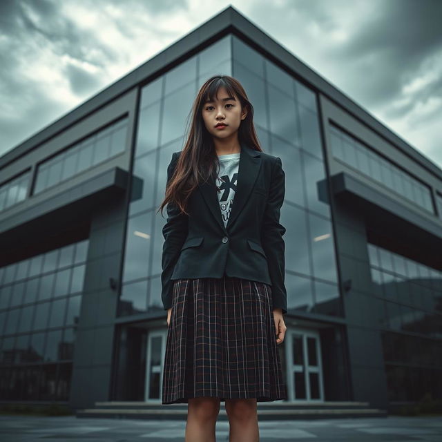 An Asian schoolgirl standing with her back towards the viewer in front of a sleek, modern school building characterized by its sharp angles and reflective glass surfaces, creating a dark and mysterious ambiance