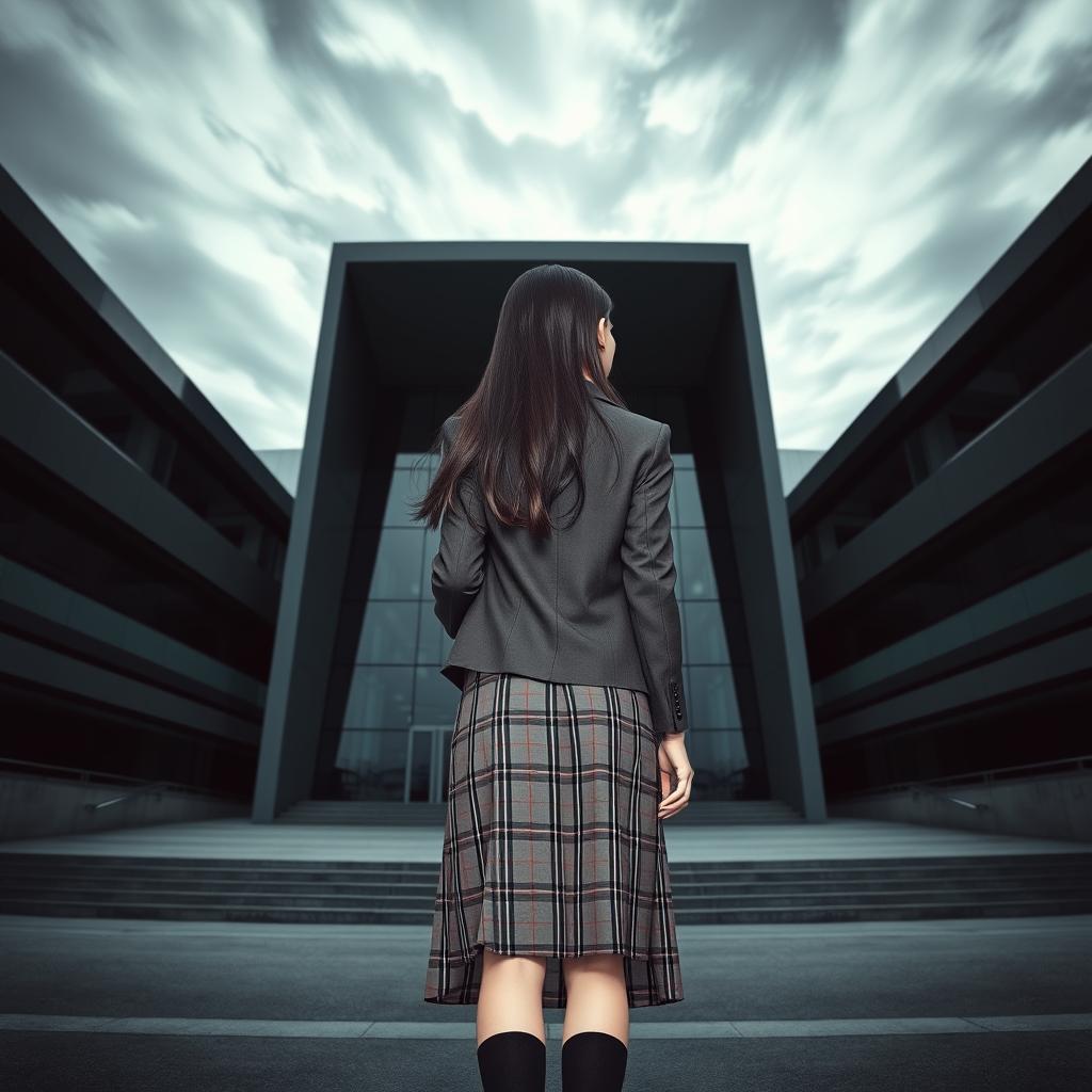 An Asian schoolgirl standing with her back towards the viewer in front of a sleek, modern school building characterized by its sharp angles and reflective glass surfaces, creating a dark and mysterious ambiance