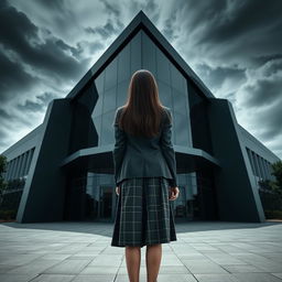 An Asian schoolgirl standing with her back towards the viewer in front of a sleek, modern school building characterized by its sharp angles and reflective glass surfaces, creating a dark and mysterious ambiance