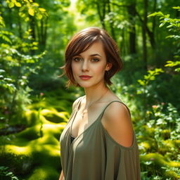 A woman with short brown hair and brown eyes, standing in a lush green forest