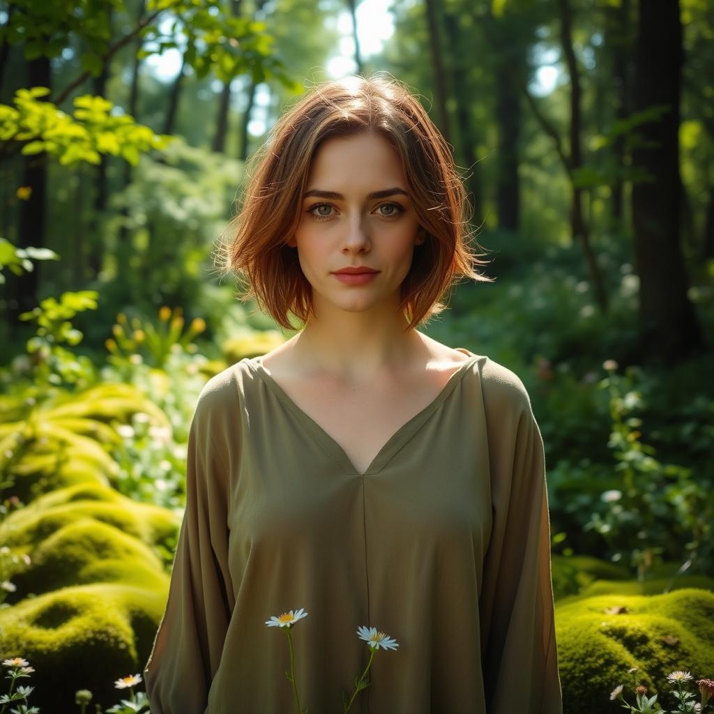 A woman with short brown hair and brown eyes, standing in a lush green forest