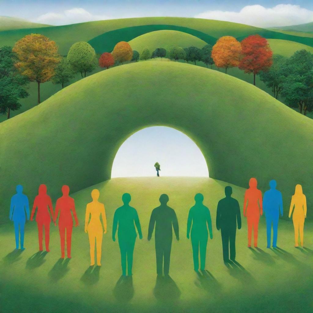 A high-definition, modern image highlighting unity in diversity. Abstract human figures, backs turned to the viewer, united in environmental efforts. The vibrant, lush green landscape takes center stage, underlining the collective responsibility towards nature and the significant impact of joint efforts for a sustainable future.