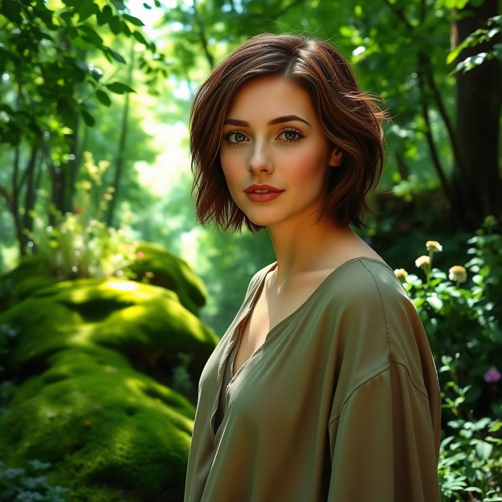 A woman with short brown hair and brown eyes, standing in a lush green forest