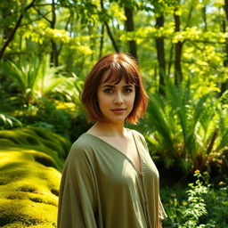 A woman with short brown hair and brown eyes, standing in a lush green forest