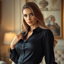 A stunningly beautiful woman with prominent curves, wearing a fitted black silk blouse that accentuates her figure