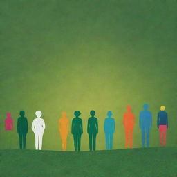 A high-definition, modern image highlighting unity in diversity. Abstract human figures, backs turned to the viewer, united in environmental efforts. The vibrant, lush green landscape takes center stage, underlining the collective responsibility towards nature and the significant impact of joint efforts for a sustainable future.