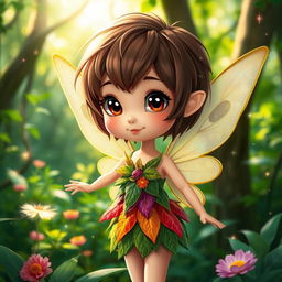 A whimsical forest scene featuring a delightful fairy with short brown hair and brown eyes