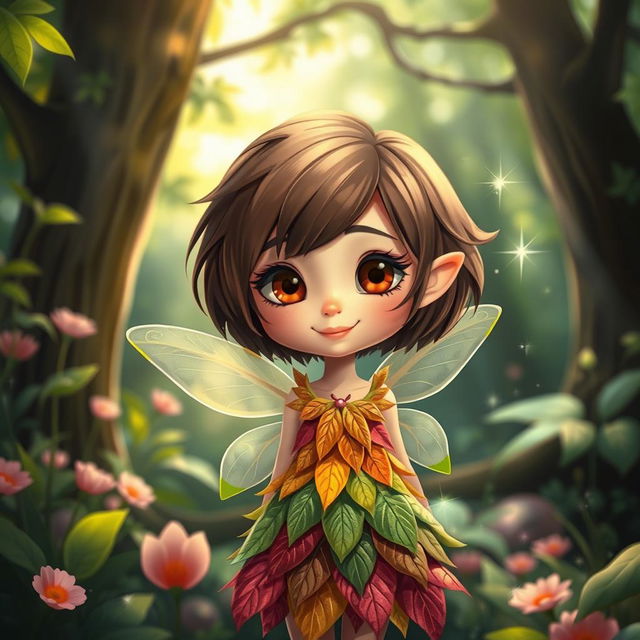 A whimsical forest scene featuring a delightful fairy with short brown hair and brown eyes