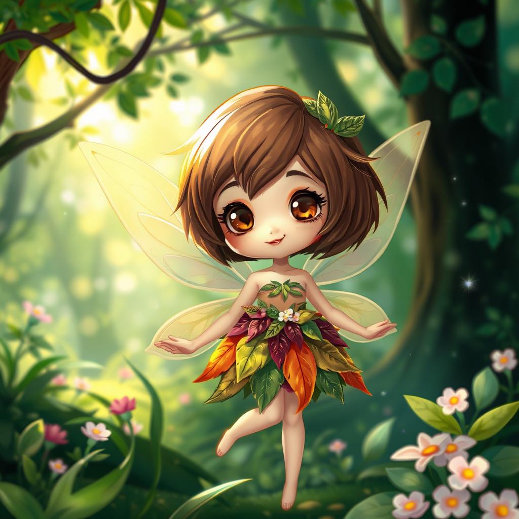 A whimsical forest scene featuring a delightful fairy with short brown hair and brown eyes