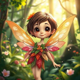 A whimsical forest scene featuring a delightful fairy with short brown hair and brown eyes