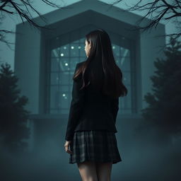 An Asian schoolgirl standing at a distance with her back to the viewer, gazing towards a modern school building that showcases sharp, angular architecture and expansive glass walls, creating a striking yet dark atmosphere