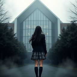 An Asian schoolgirl standing at a distance with her back to the viewer, gazing towards a modern school building that showcases sharp, angular architecture and expansive glass walls, creating a striking yet dark atmosphere