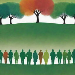 A high-definition, modern image highlighting unity in diversity. Abstract human figures, backs turned to the viewer, united in environmental efforts. The vibrant, lush green landscape takes center stage, underlining the collective responsibility towards nature and the significant impact of joint efforts for a sustainable future.