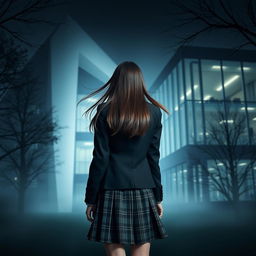 An Asian schoolgirl standing at a distance with her back to the viewer, gazing towards a modern school building that showcases sharp, angular architecture and expansive glass walls, creating a striking yet dark atmosphere