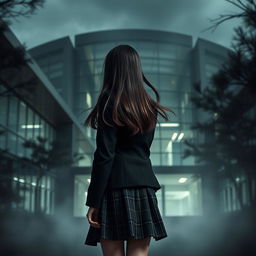 An Asian schoolgirl standing at a distance with her back to the viewer, gazing towards a modern school building that showcases sharp, angular architecture and expansive glass walls, creating a striking yet dark atmosphere