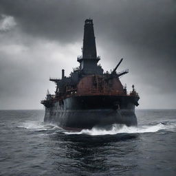 A distinctive oilpunk tanker, constructed with heavy, tar-blackened machinery, oozing oil drill pipes, and slick decks, cutting through a dark, oil-slicked sea under a thick, smoggy sky.