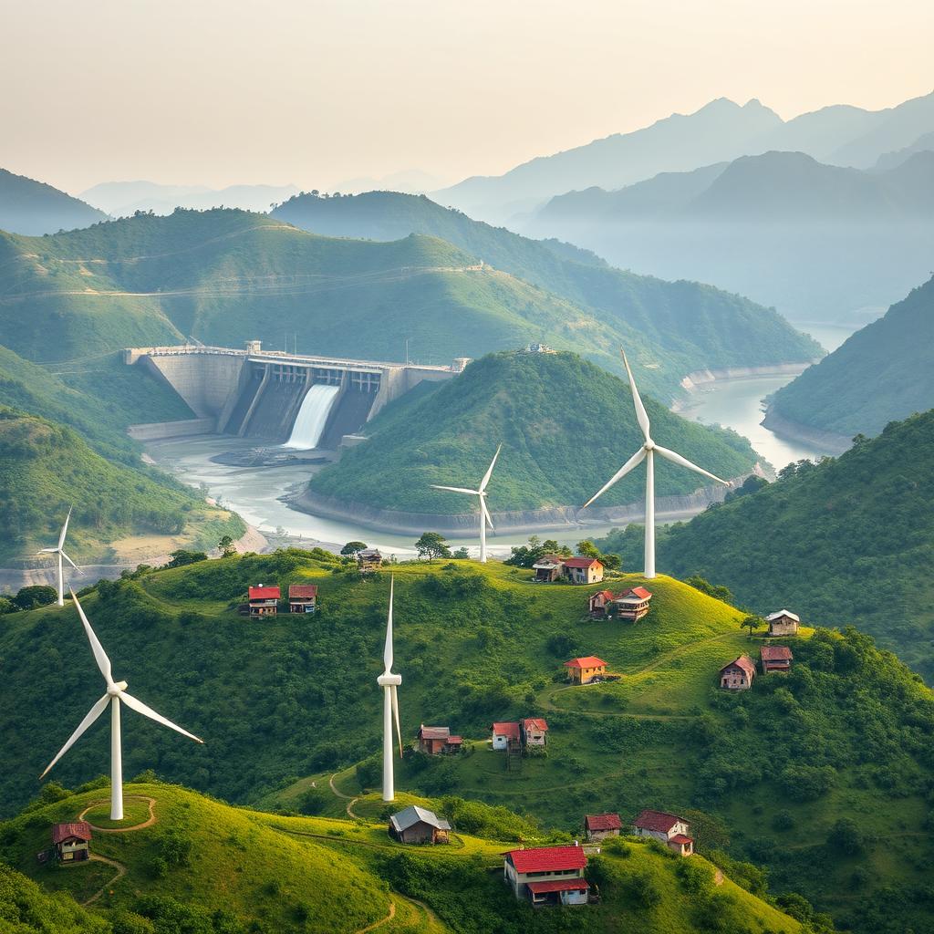 A panoramic view of hilly regions in Bangladesh focusing on electricity generation methods excluding solar power