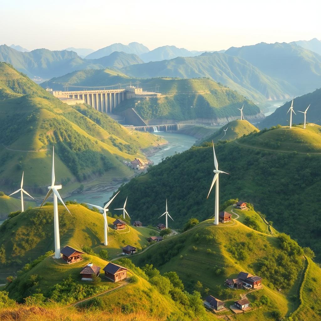 A panoramic view of hilly regions in Bangladesh focusing on electricity generation methods excluding solar power