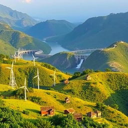 A panoramic view of hilly regions in Bangladesh focusing on electricity generation methods excluding solar power