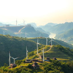 A panoramic view of hilly regions in Bangladesh focusing on electricity generation methods excluding solar power