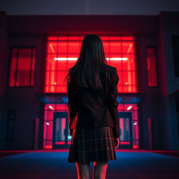 An Asian schoolgirl standing at a distance with her back facing the viewer, positioned in front of a modern school building with bold geometric lines and sleek glass surfaces