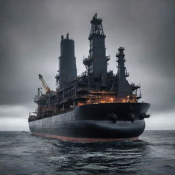 A distinctive oilpunk tanker, constructed with heavy, tar-blackened machinery, oozing oil drill pipes, and slick decks, cutting through a dark, oil-slicked sea under a thick, smoggy sky.