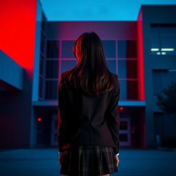 An Asian schoolgirl standing at a distance with her back facing the viewer, positioned in front of a modern school building with bold geometric lines and sleek glass surfaces