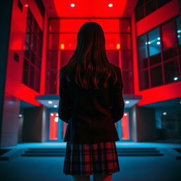 An Asian schoolgirl standing at a distance with her back facing the viewer, positioned in front of a modern school building with bold geometric lines and sleek glass surfaces