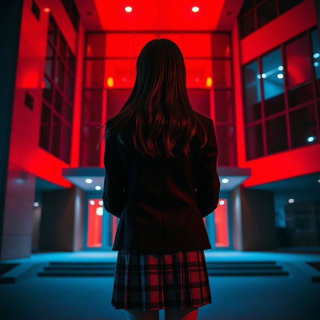 An Asian schoolgirl standing at a distance with her back facing the viewer, positioned in front of a modern school building with bold geometric lines and sleek glass surfaces