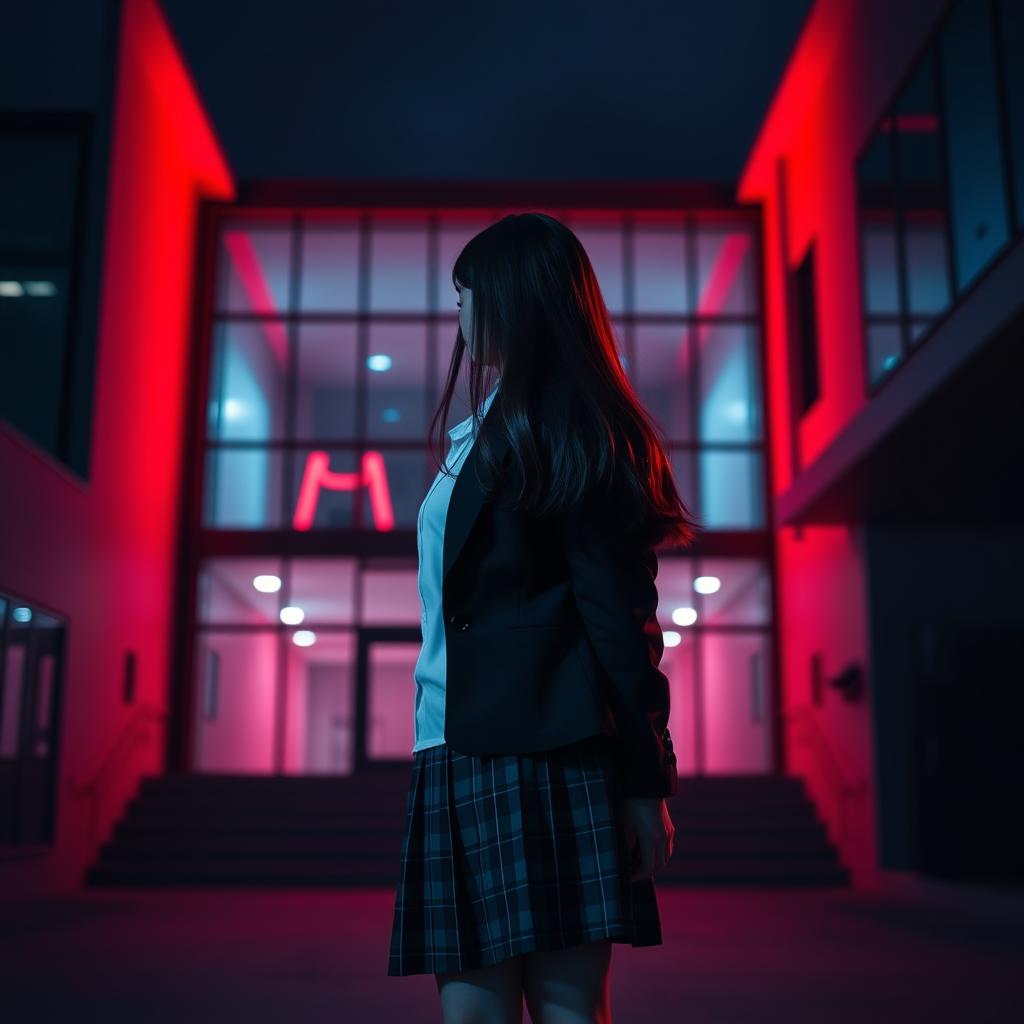 An Asian schoolgirl standing at a distance with her back facing the viewer, positioned in front of a modern school building with bold geometric lines and sleek glass surfaces