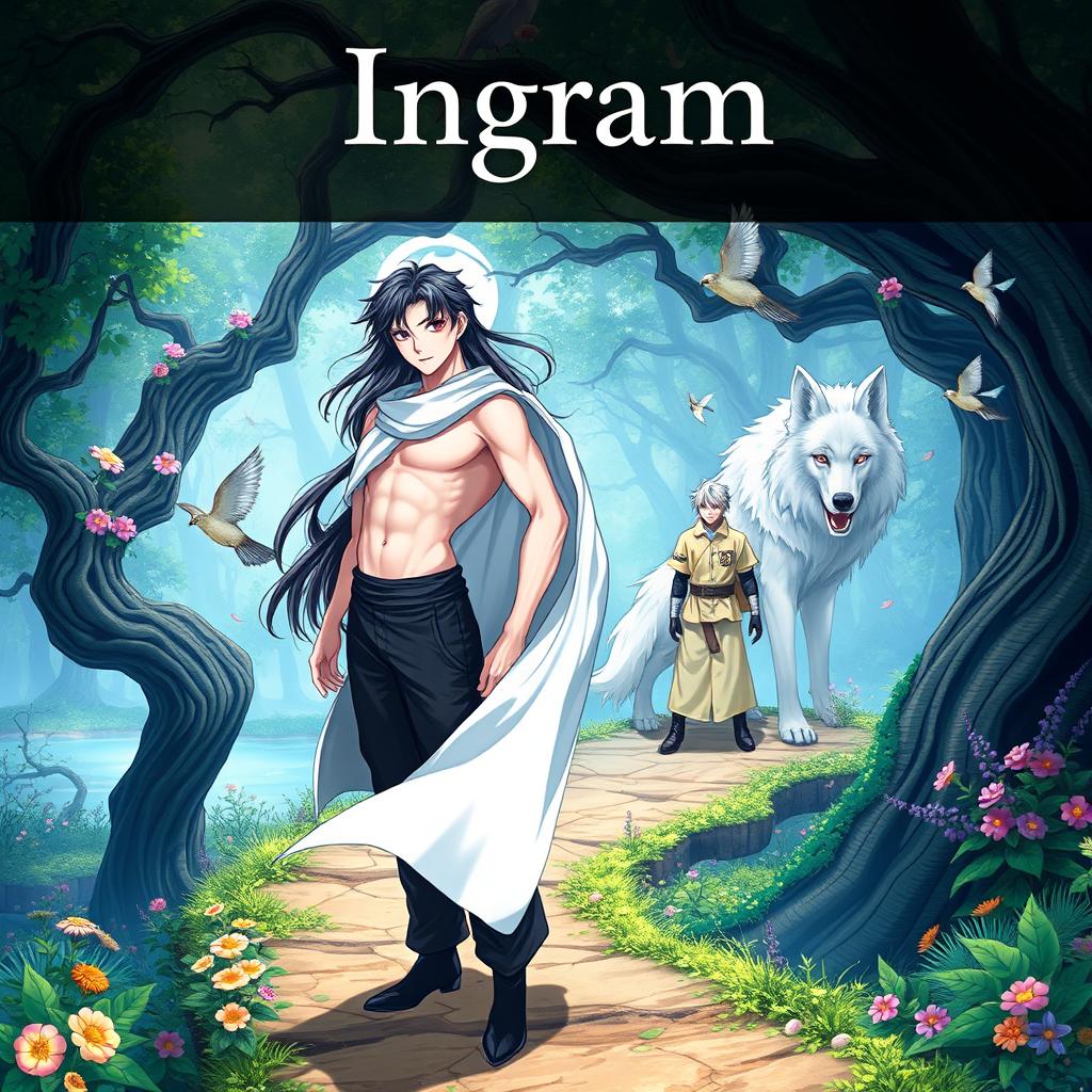 A young man with pale white skin that tends to be pink, characterized by long black hair and expressive pink eyes, stands heroically on a winding tree path in a vibrant fantasy world, depicted in an anime style