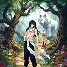 A young man with pale white skin that tends to be pink, characterized by long black hair and expressive pink eyes, stands heroically on a winding tree path in a vibrant fantasy world, depicted in an anime style