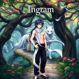 A young man with pale white skin that tends to be pink, characterized by long black hair and expressive pink eyes, stands heroically on a winding tree path in a vibrant fantasy world, depicted in an anime style