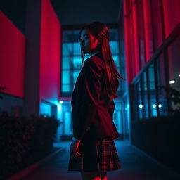 An Asian schoolgirl standing at a distance with her back facing the viewer, positioned in front of a modern school building characterized by sleek lines and large glass windows