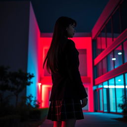 An Asian schoolgirl standing at a distance with her back facing the viewer, positioned in front of a modern school building characterized by sleek lines and large glass windows