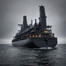 A distinctive oilpunk tanker, constructed with heavy, tar-blackened machinery, oozing oil drill pipes, and slick decks, cutting through a dark, oil-slicked sea under a thick, smoggy sky.