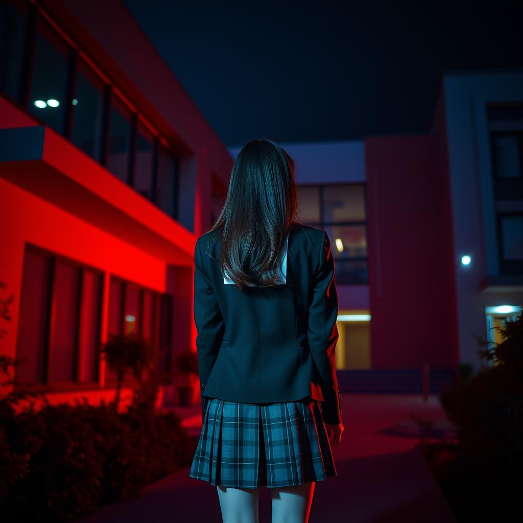 An Asian schoolgirl standing at a distance with her back facing the viewer, positioned in front of a modern school building characterized by sleek lines and large glass windows