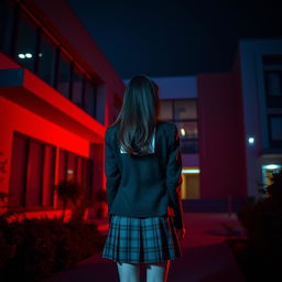 An Asian schoolgirl standing at a distance with her back facing the viewer, positioned in front of a modern school building characterized by sleek lines and large glass windows