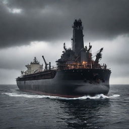 A distinctive oilpunk tanker, constructed with heavy, tar-blackened machinery, oozing oil drill pipes, and slick decks, cutting through a dark, oil-slicked sea under a thick, smoggy sky.