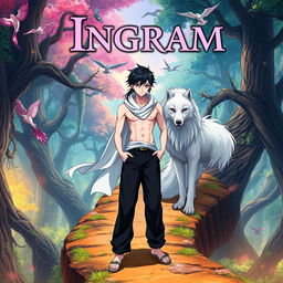 A striking poster featuring a young man with pale white skin that tends to be pink, characterized by long black hair and vivid pink eyes, confidently standing on a winding tree path in a vibrant fantasy world, depicted in an anime style