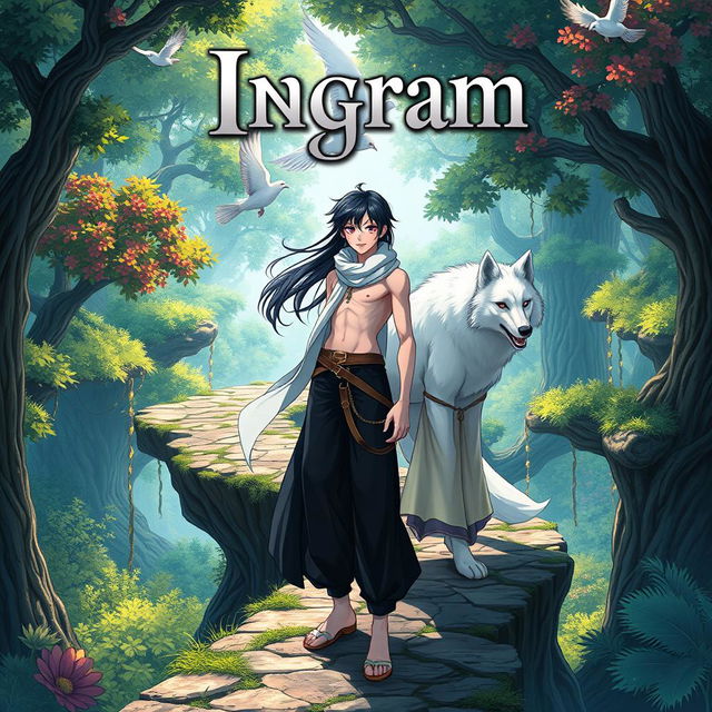 A striking poster featuring a young man with pale white skin that tends to be pink, characterized by long black hair and vivid pink eyes, confidently standing on a winding tree path in a vibrant fantasy world, depicted in an anime style