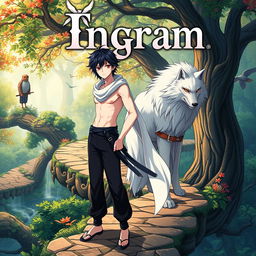 A striking poster featuring a young man with pale white skin that tends to be pink, characterized by long black hair and vivid pink eyes, confidently standing on a winding tree path in a vibrant fantasy world, depicted in an anime style