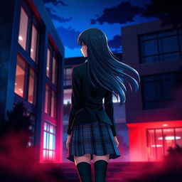 An anime-style Asian schoolgirl standing at a distance with her back facing the viewer, set against a modern school building characterized by sleek architecture and large glass windows