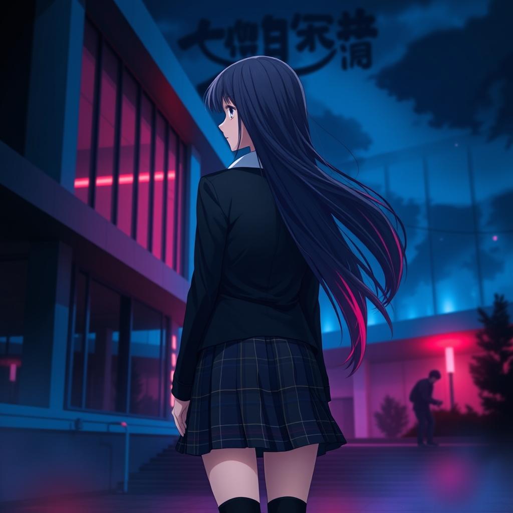 An anime-style Asian schoolgirl standing at a distance with her back facing the viewer, set against a modern school building characterized by sleek architecture and large glass windows